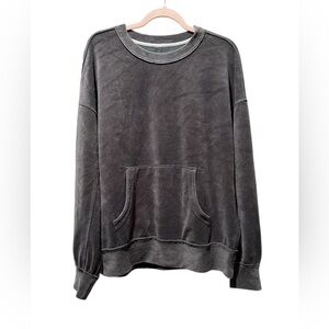 Free People We The Free Preston Velour Pullover, Crew Neck Top, Charcoal, Small